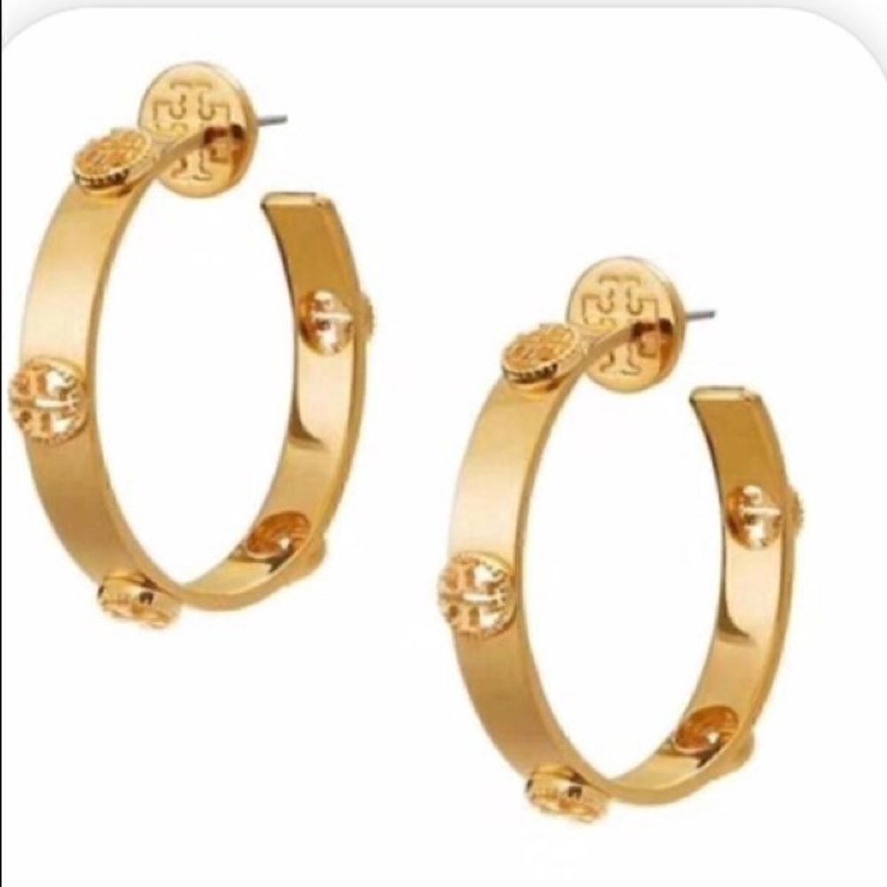 TORY BURCH 18K GOLD PLATED ICON HOOPS EARRINGS